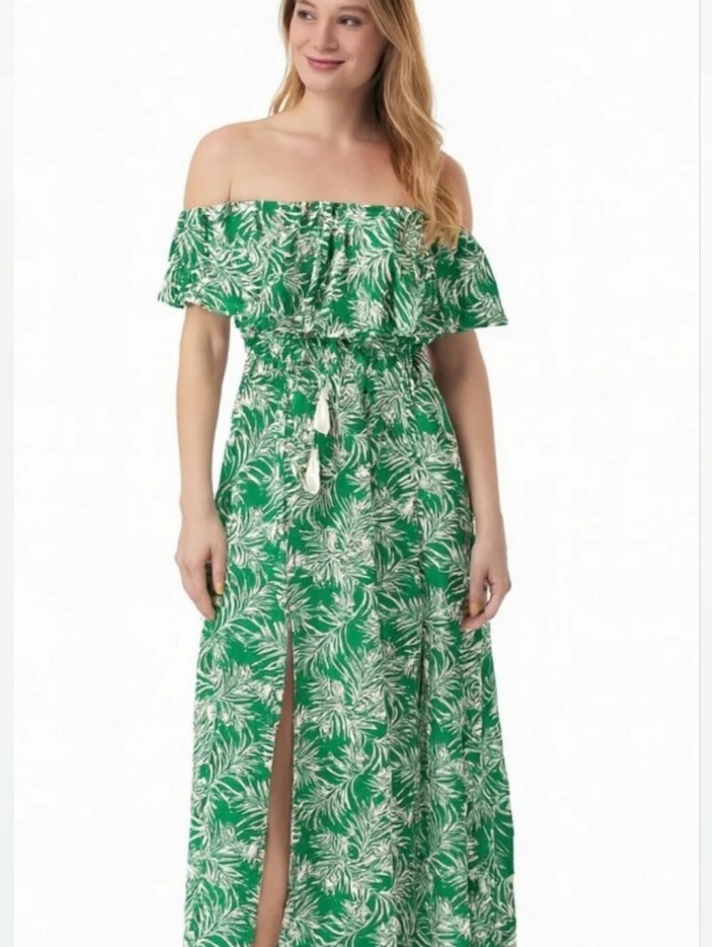 Japna Green Tropical Off-Shoulder Ruffle Maxi Dress Size Small